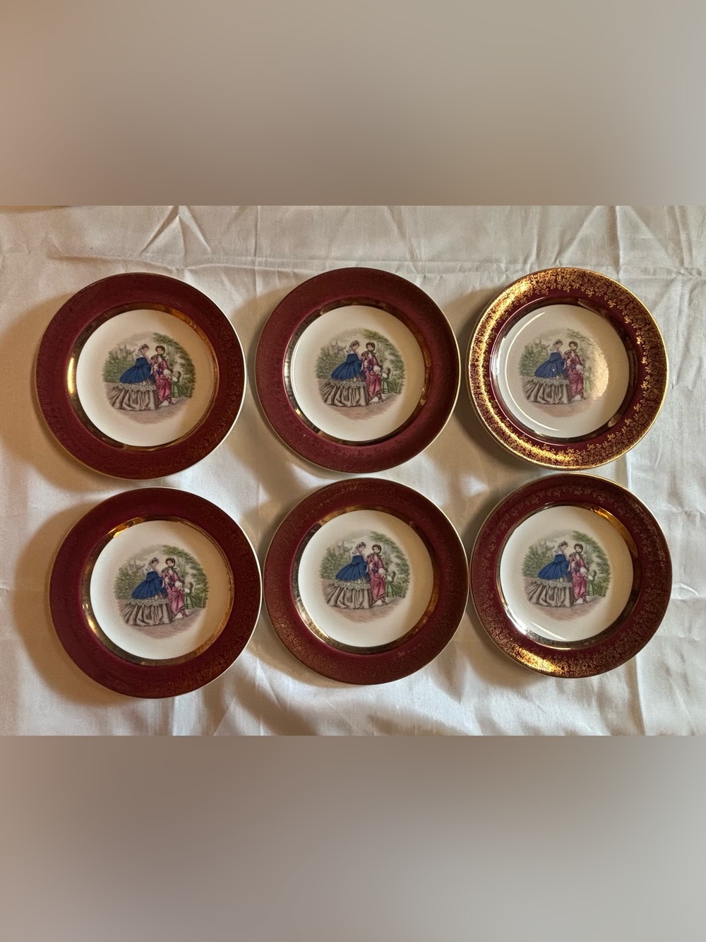 Vintage Imperial Salem Set Of 6 Godey Prints Dinner Plates 23K Gold